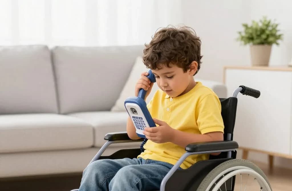 Child with toy phone smiling